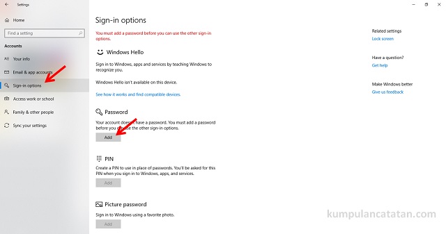 Membuat Password baru di Windows 10 - sign in options