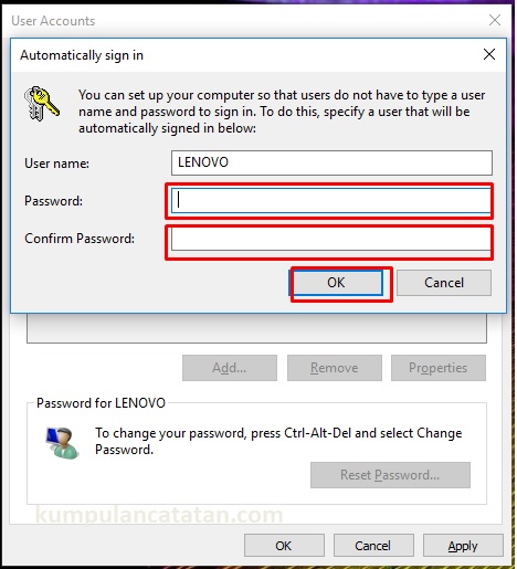 ketikan password untuk memastikan penghilangan password di login windows10