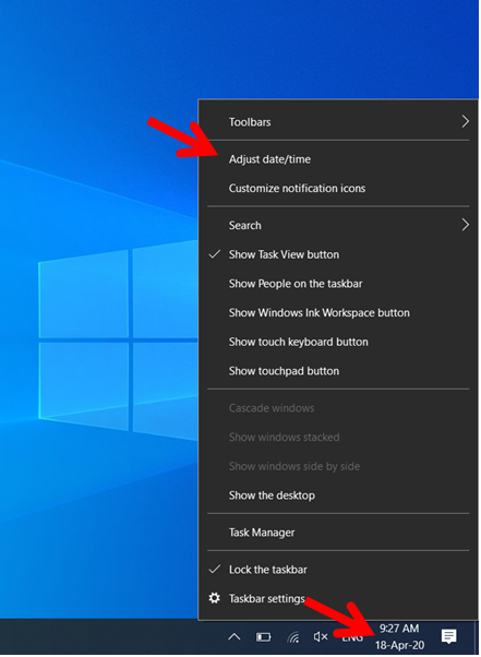 Adjust date and time windows 10