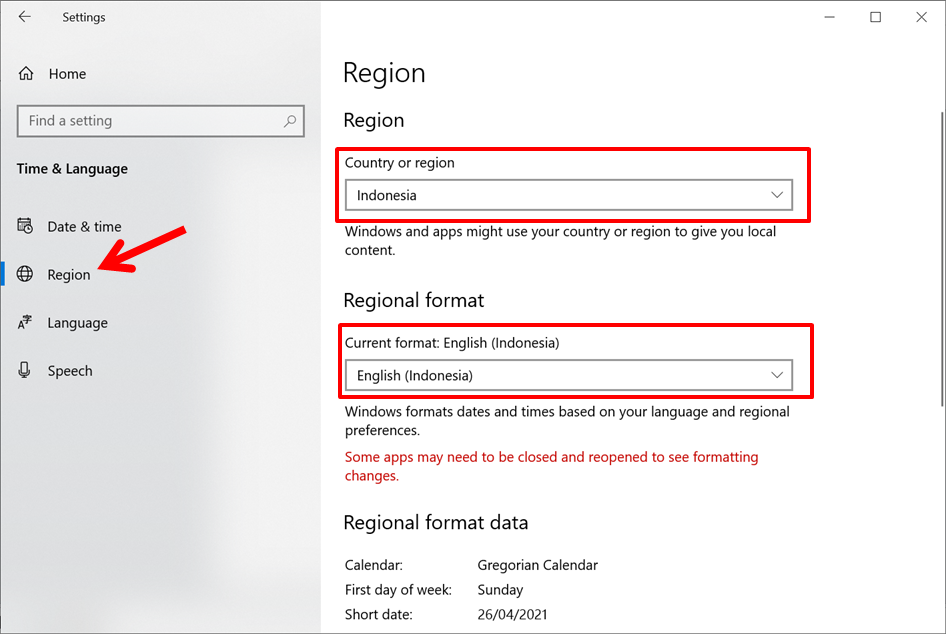 cara mengganti region dan regional di windows 10 (menu region)